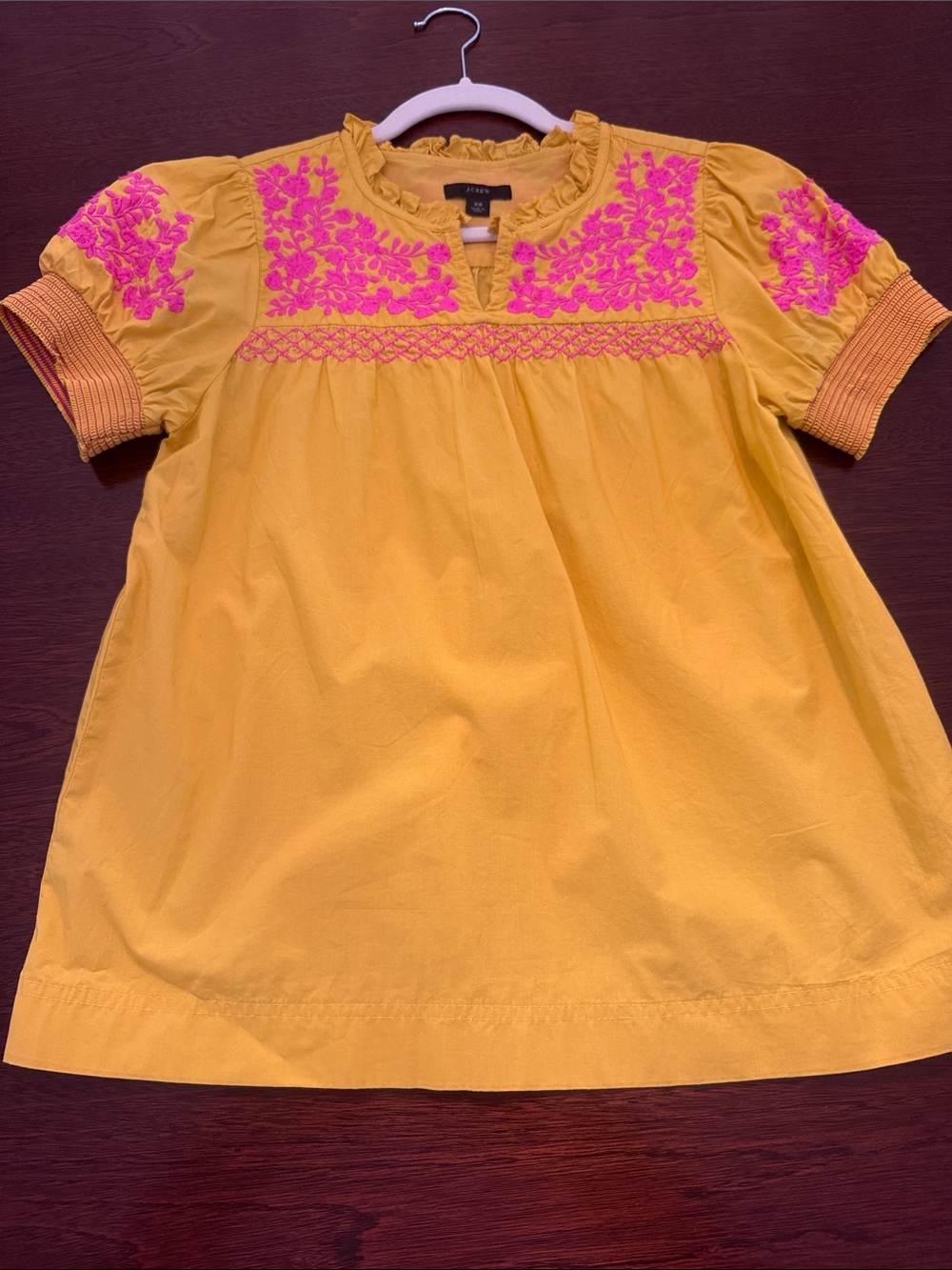 J. Crew Women’s Yellow Cotton Too with Pink Floral Embroidery